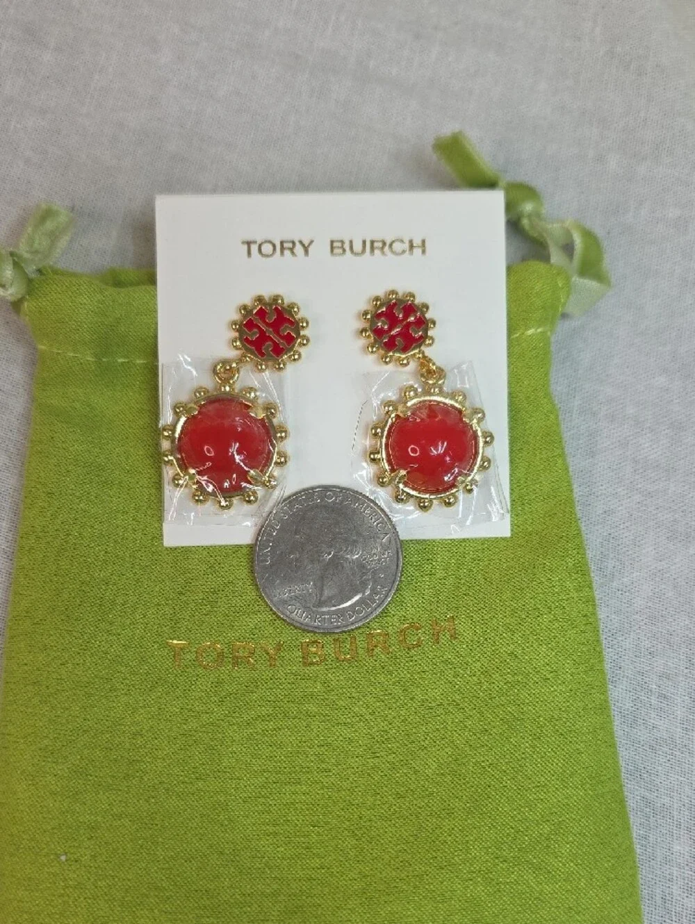 Tory Burch Gold Tone Earrings with Red Enamel and Red Drops